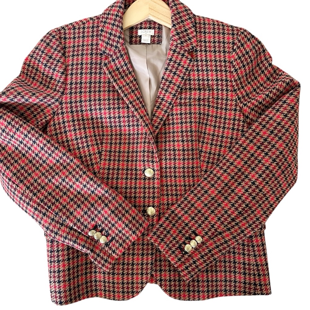 J. Crew Houndstooth Blazer Wool Blend Tan, Red and Black Size 14